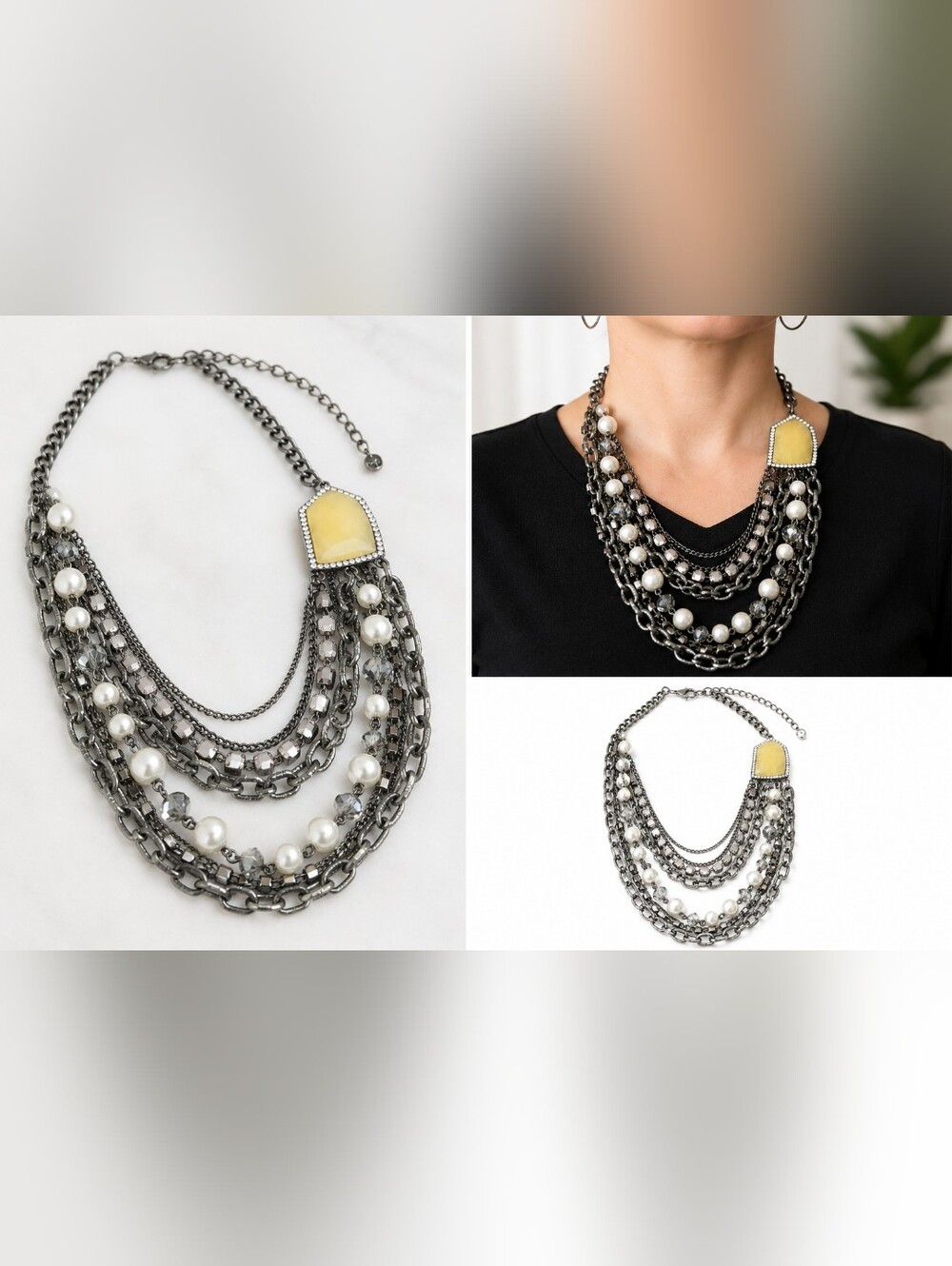 Multi-Strand Gunmetal Chain Necklace with Yellow Accent and Pearls